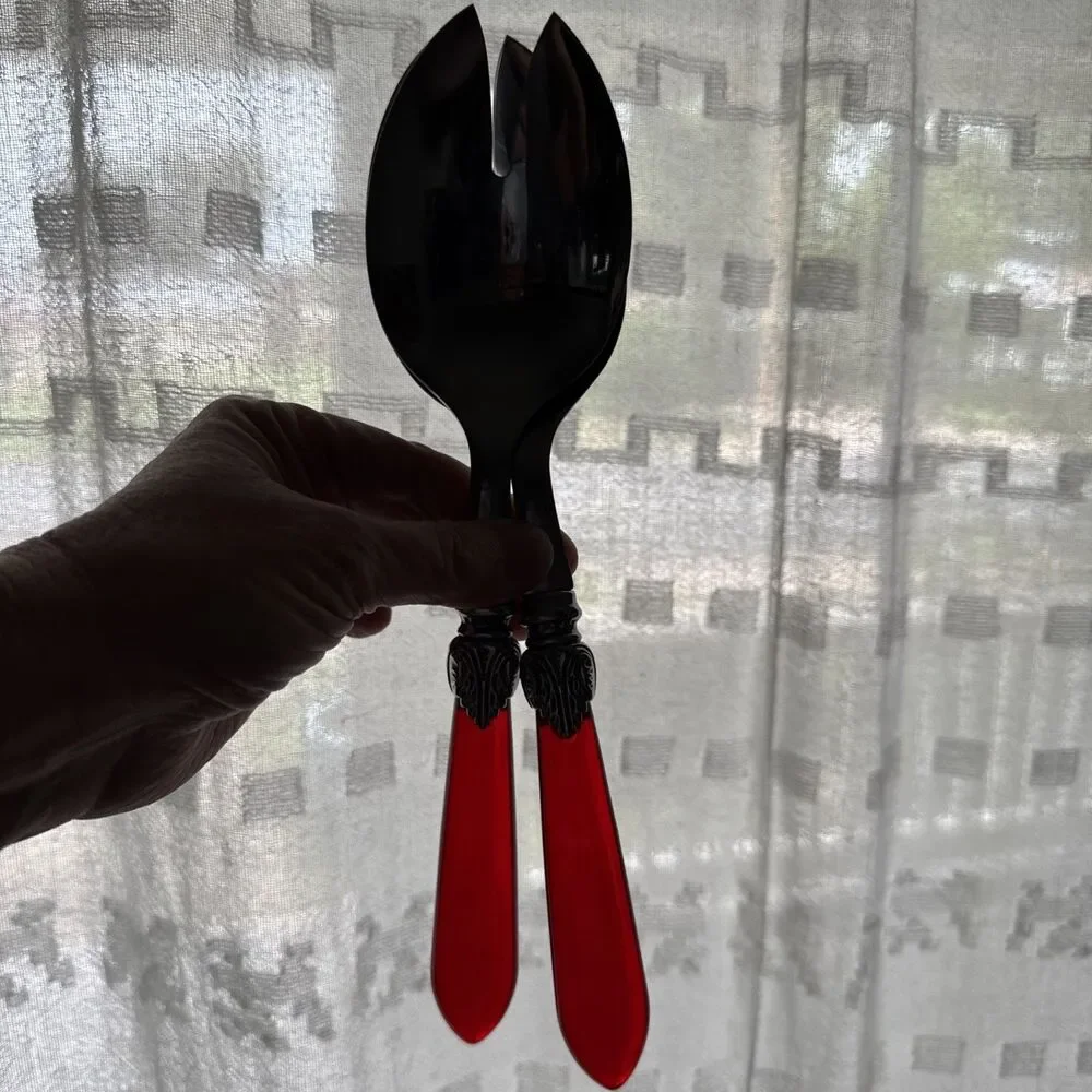 Ruby Red Handled Salad Serving Untensils/Sporks 10 Inches Clear Red Handles